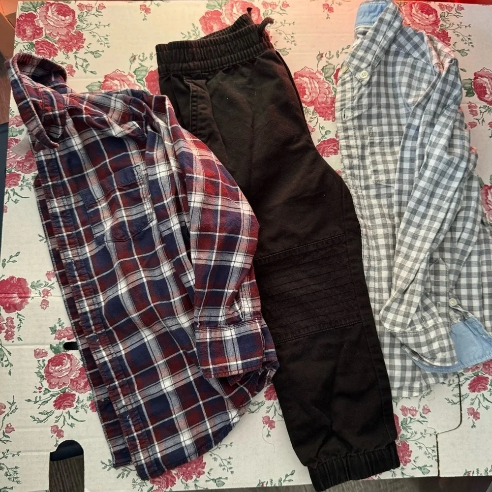 2- plaid long sleeve carters shirts and 1 pants